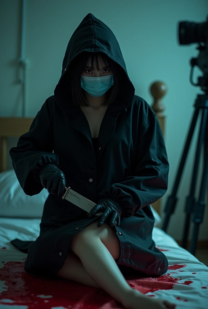 korean girl, (behind stiff, holding knife), surgical mask, black leather gloves, room, black raincoat, hood up, holding knife, leather gloves, woman on top, behind cadaver, blood splatter, bed room, night, mass murderer, killer, short hair, blood splatter, dark atmosphere, cinematic lighting, atmospheric realistic, neon lighting, close-up, tripod and camera in the back, shooting with camera