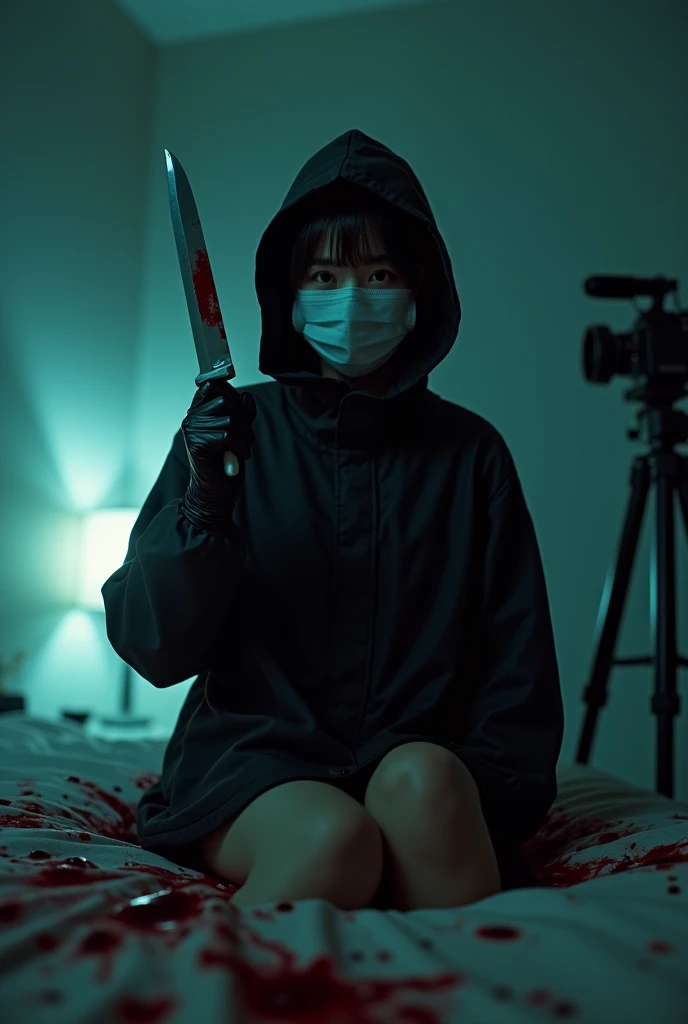 korean girl, (behind stiff, holding knife), surgical mask, black leather gloves, room, black raincoat, hood up, holding knife, leather gloves, woman on top, behind cadaver, blood splatter, bed room, night, mass murderer, killer, short hair, blood splatter, dark atmosphere, cinematic lighting, atmospheric realistic, neon lighting, close-up, tripod and camera in the back, shooting with camera
