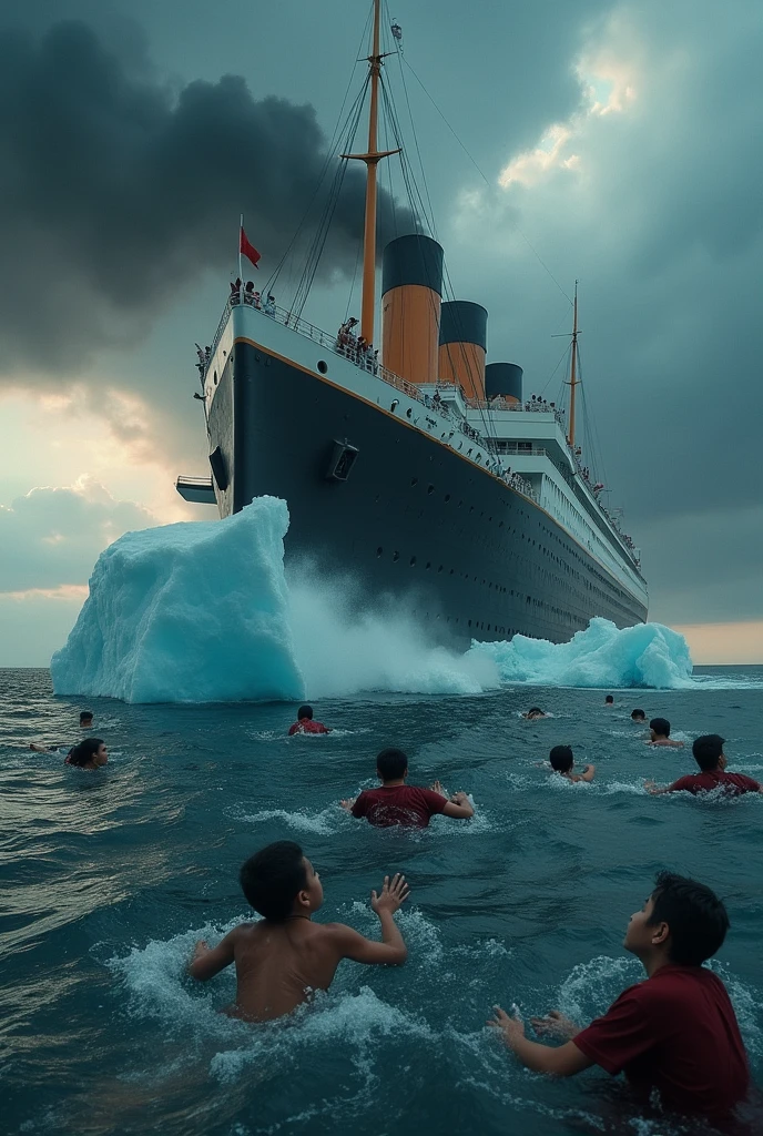 a sinking titanic ship colliding with a massive iceberg, poor people struggling to stay afloat in the freezing water, rich passengers escaping on lifeboats, everyone devastated and crying, highly detailed and realistic, dramatic storm clouds, dramatic lighting, cinematic composition, muted color palette, moody and melancholic atmosphere