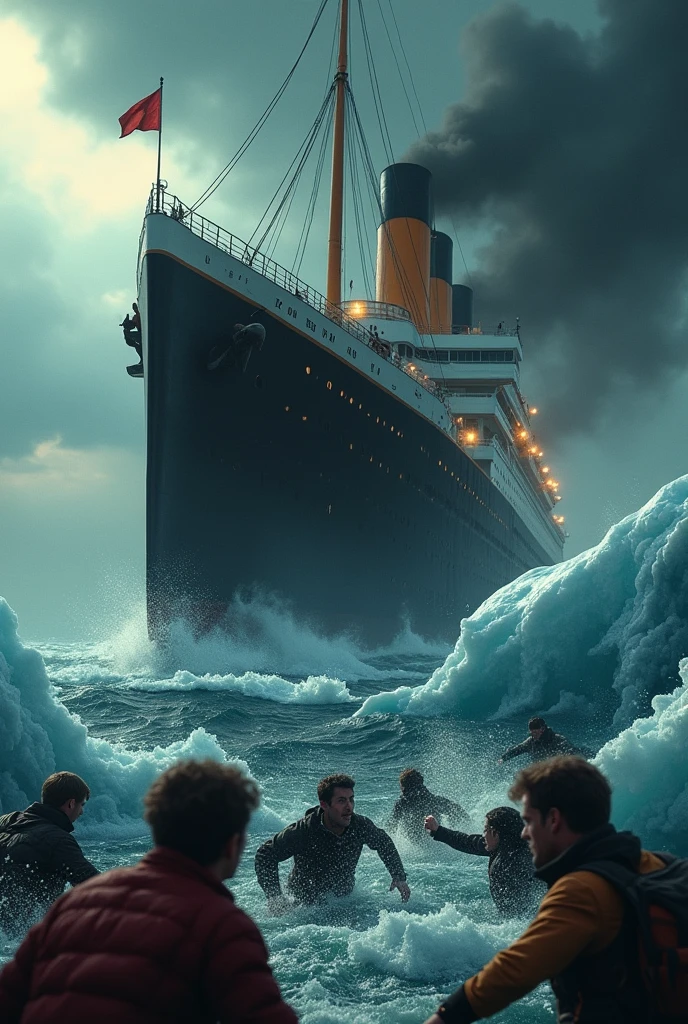 a sinking titanic ship colliding with a massive iceberg, poor people struggling to stay afloat in the freezing water, rich passengers escaping on lifeboats, everyone devastated and crying, highly detailed and realistic, dramatic storm clouds, dramatic lighting, cinematic composition, muted color palette, moody and melancholic atmosphere