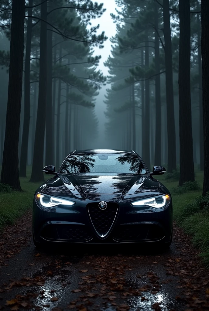 full black alfa romeo gulia night storm in forest