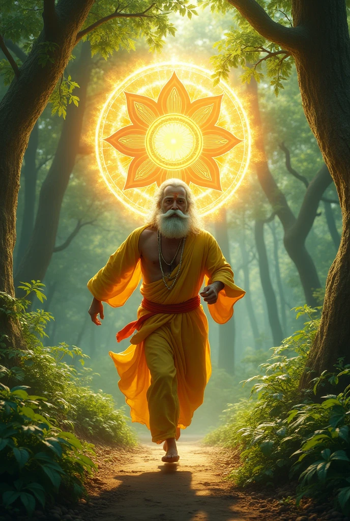 🌳🌿 Here’s the depiction of Sage Durvas appearance wearing light yellow rodeo with chest long white moustache. being chased by the Sudarshan Chakra, is a weapon with the glowing, circular spinning disc with very sharp edges and should be in horizontal beyond his back closely following him through the dense forest. The sage’s robes flow as he runs, and the Sudarshan Chakra emits a powerful, radiant energy. !Sage Durvasa chased by Sudarshan Chakra