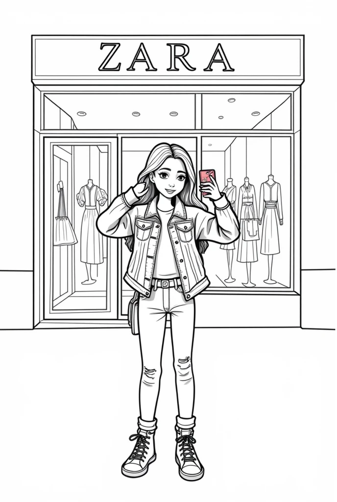 You are the manager of the Zara brand.. Create a children's coloring illustration with fashionable clothes elements for girls:: The picture is black and white, so that the children can color it themselves . girl in jeans and a denim jacket, in sneakers, hair below the shoulders, She has an iPhone in her hands - she is standing near a shop window with the sign Zara and taking pictures