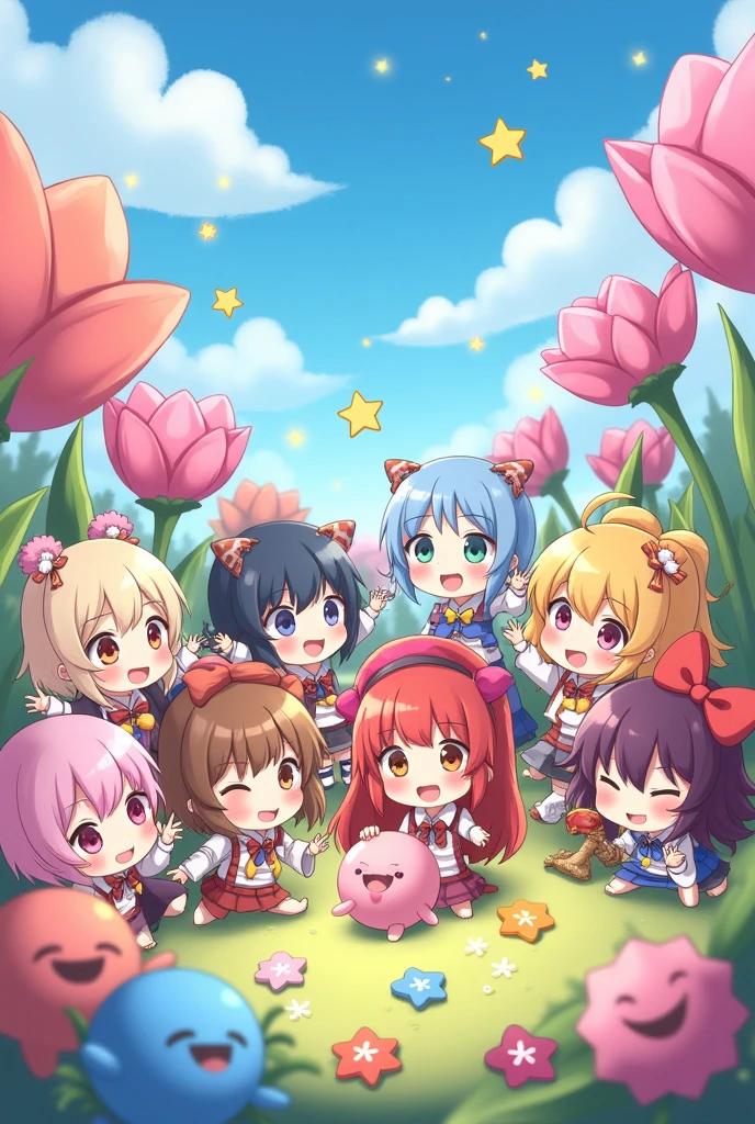 Cartoon characters in the game make signs, play together, cute anime, cool, imaginative.