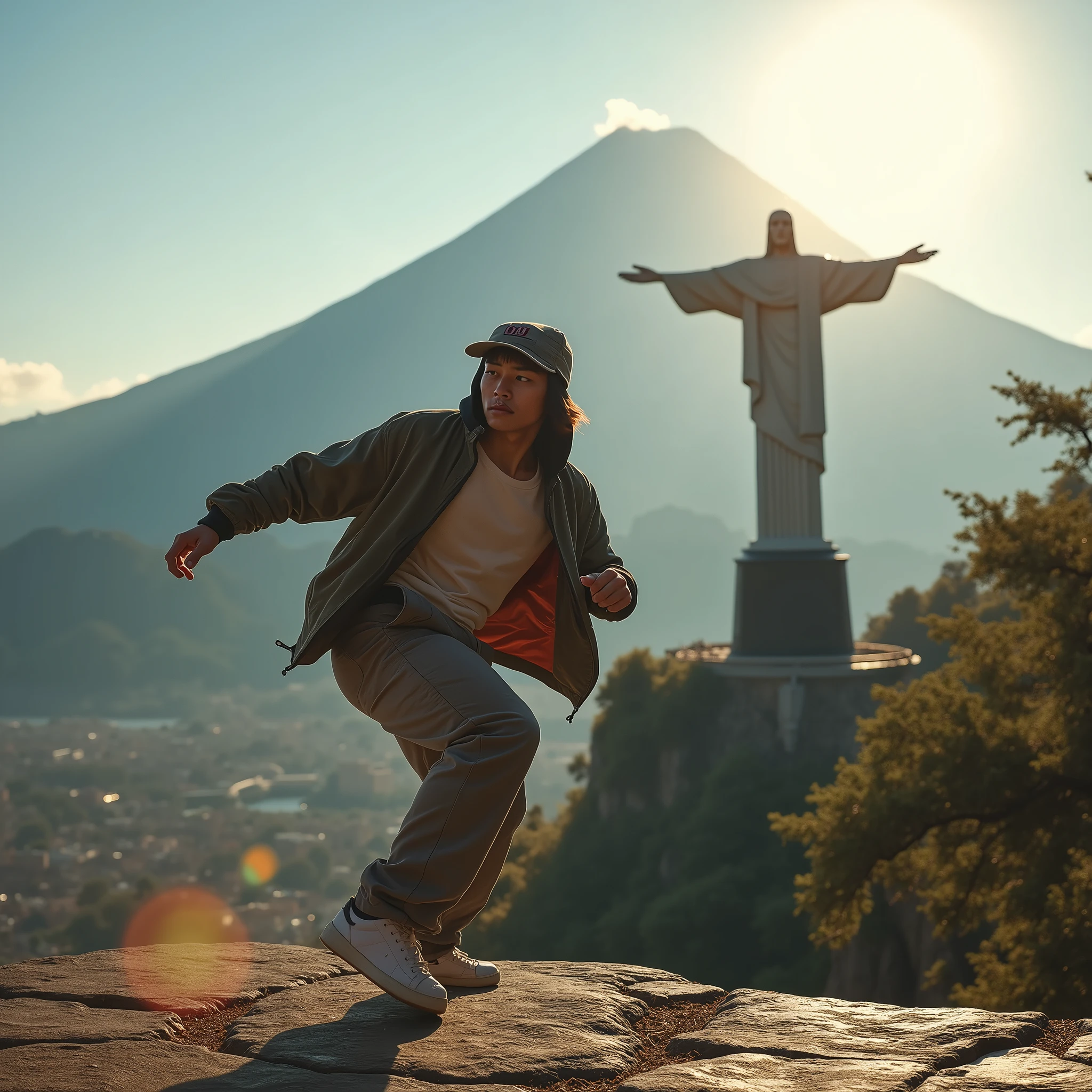 Japanese Bboy dressed in hip hop clothes, performing a breakdance move in front of Christ the Redeemer in Rio de Janeiro , with the volcano in sharp focus and the background blurred, creating a cinematic atmosphere. The bboy's pose should convey strength and dynamism, contrasting with the serenity of the mountain. dramatic lighting, with sun rays hitting the bboy and Mount Fuji, Enhancing the Scene. Visual Style: アニメ, cinematographic, realisitic.