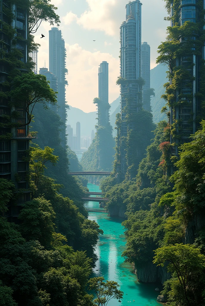 Extremely technological Brazil, but at the same time EXTREMELY wooded and rich in biodiversity. Make a panoramic image