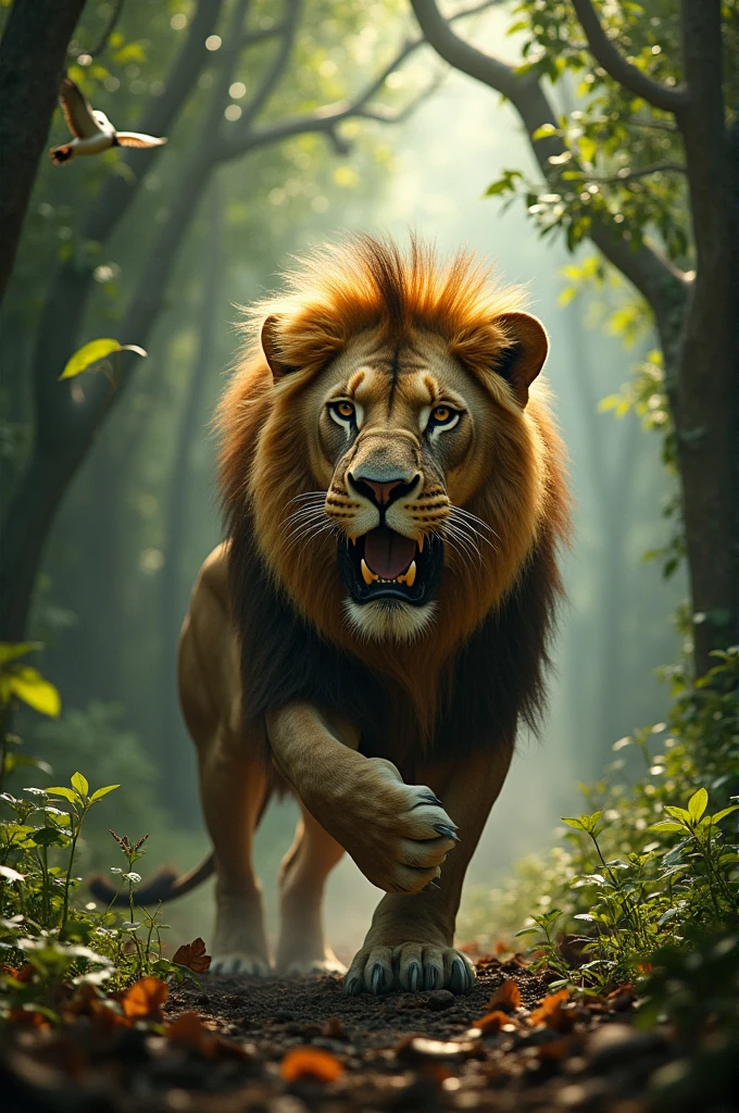 Image of the Lion Trapped in the Hunter's Trap:The lion struggling in a hunter’s trap, looking distressed and trapped, with the forest in the background.