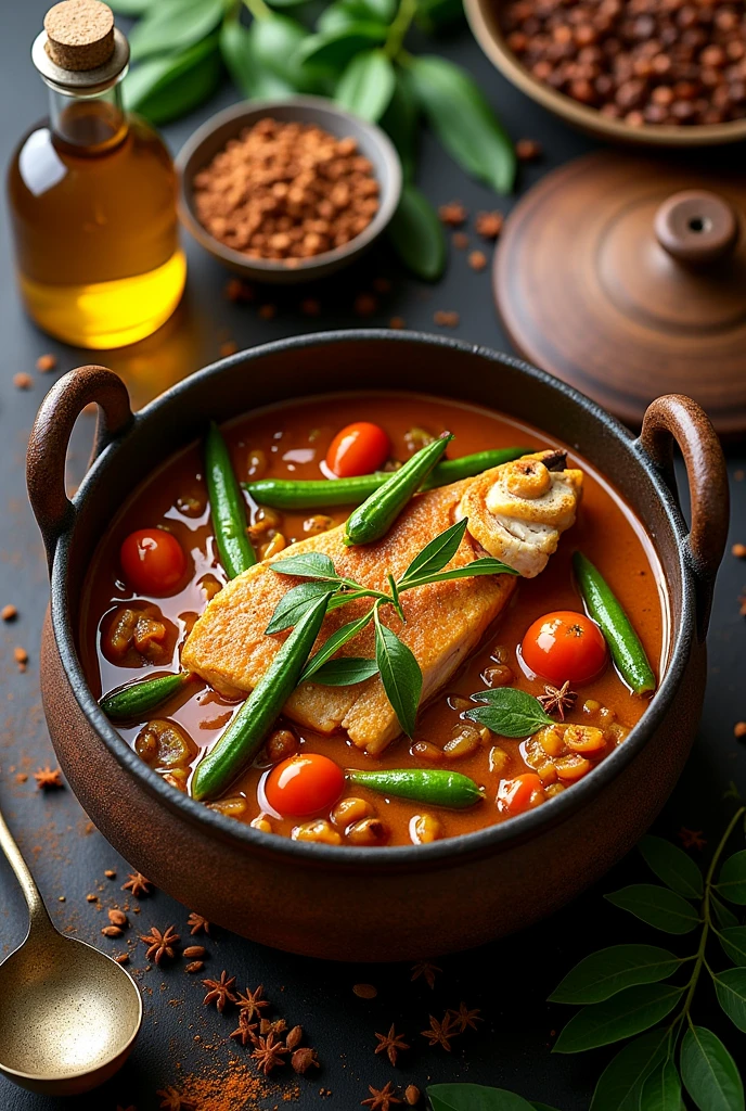 Top view of Fish with head curry with okras,tomato and curry leaves in a pot, beside the pot has a cooking oil es and laddle 