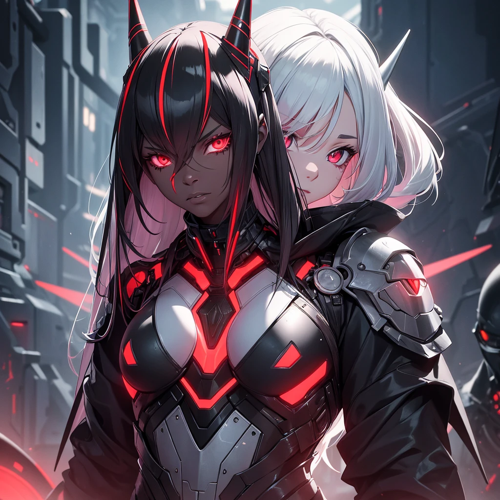 Create a female humanoid alien. She must have a black futuristic armor with red details, she must have a more mature and older face. She has to have technological horns.