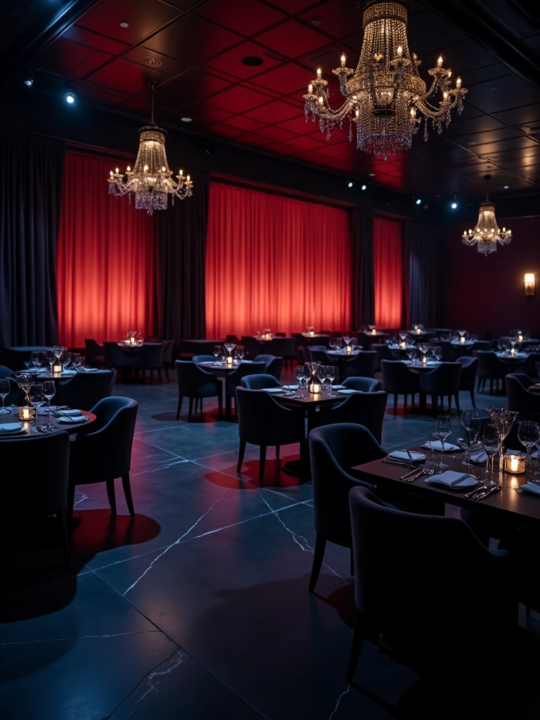there is a room with tables and chairs, detailed an empty jazz cafe, ballroom background, random background scene, neo -  setting, red room, nightclub, stage background, vip room, rich atmosphere, theatrical scenery, theater stage, empty stage, palatial scene, fancy restaurant, rich cinematic atmosphere, va-11 hall-a