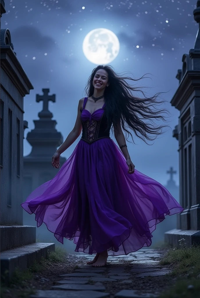 Beautiful gypsy; long black hair; wearing a purple and black dress; barefoot; laughing; night cemetery scenery in the background