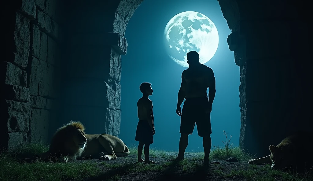 A new man and a slave are standing in the lion and there is faint moonlight