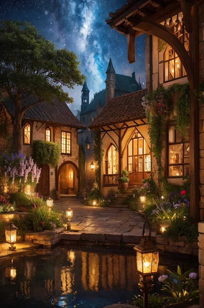high quality, High resolution, Attention to detail, detailed、Brown Hair、Cat ear、Wearing shining crystals、Light、bright、mysterious、night、Medieval European Gardens