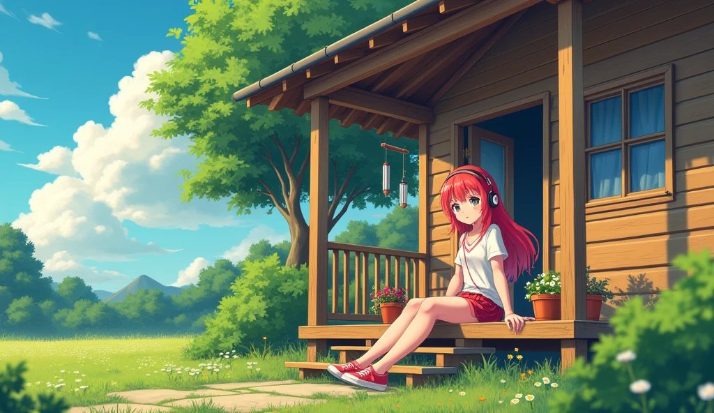 Perfect image, 8k, noon、A high school girl listening to music on a cozy veranda,holiday、 Using headphones, 2D-style animation, Lo-Fi, hard disk, Big Breasts、one&#39;s home、wind chimes、summer、Retro、Japanese style、Wooden house、Single-story house、countryside、relax、Anime style illustrations