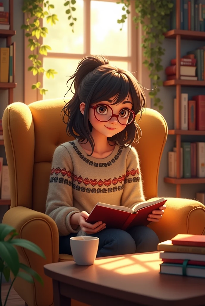 Create an animated female character with a warm and friendly appearance. She should have expressive eyes and a bright smile, making her approachable and relatable to viewers. Her outfit should be casual but stylish, reflecting a love for books and learning—think glasses, a comfortable sweater, and a cozy reading nook as her backdrop. The character should move and gesture naturally, enhancing her enthusiastic and engaging delivery."  
In which character was sitting on a chair in front of it there was a table