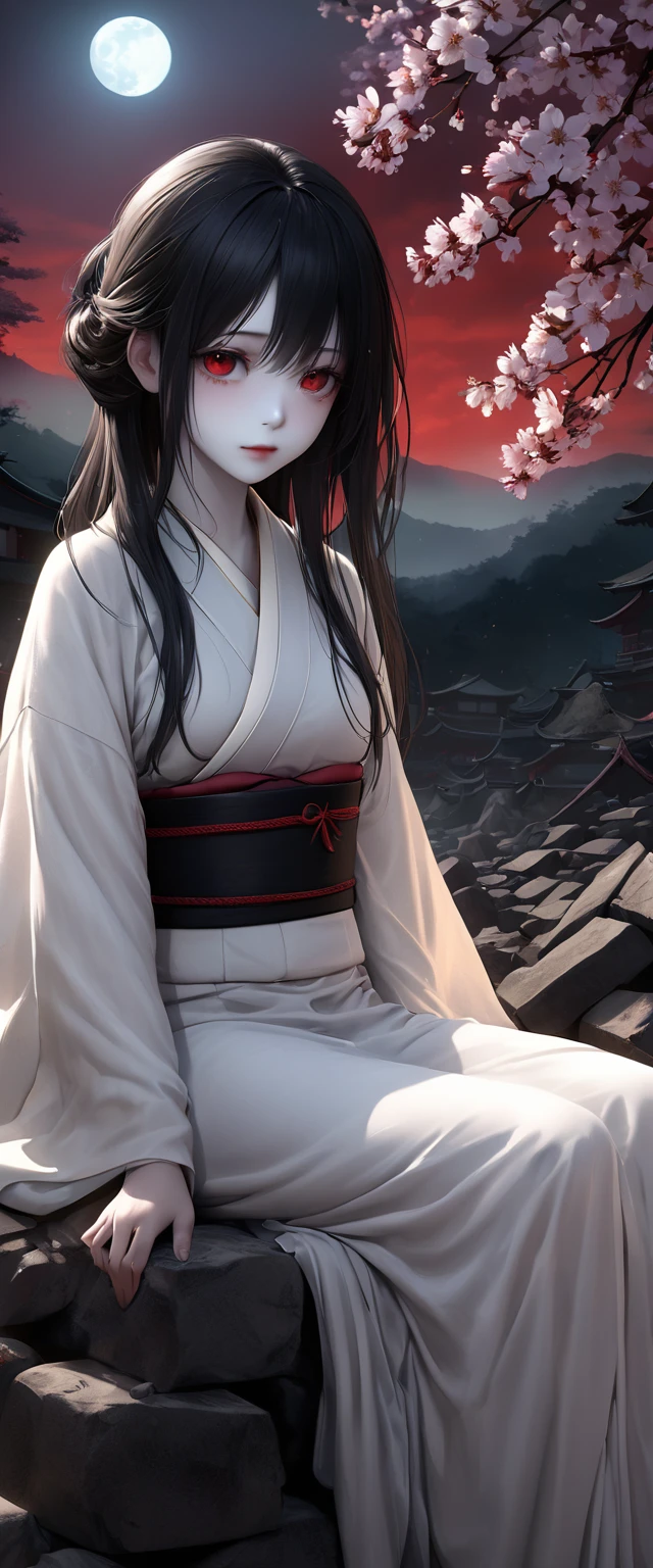 High resolution, Ultra-detailed, Highly detailed CG Unity 8k wallpaper, Realistic, Photorealistic, RAW Photos, Beautifully detailed face, Pale skin, Realistic glowing skin, Detailed cloth texture, Detailed hair texture, Perfect body, Beautiful Face。High resolution。Accurate depiction。White silk kimono。A beautiful woman in the mist,sitting on rubble。Black belt。Droopy eyes。Very long black hair,Red eyes,Red tears, Dead skin。alone。Spooky atmosphere。Japan。night。cherry blossoms。full moon。Red Sky。cherry blossomsの花。Horror,Chiaroscuro,