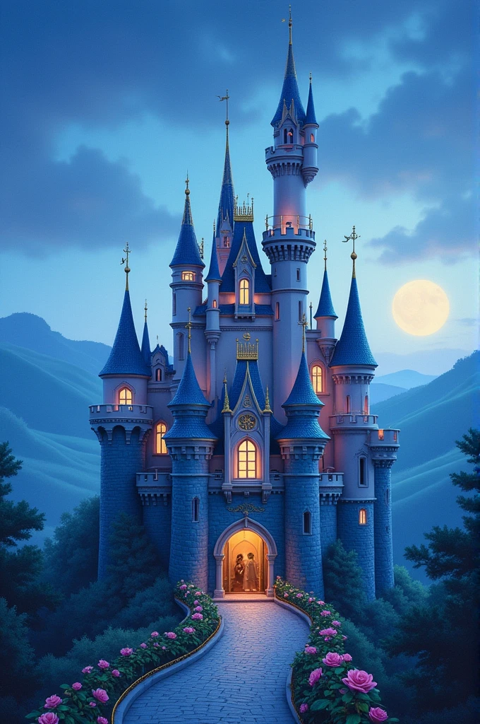 Create a book cover in shades of blue with a touch of gold featuring a Disney-style castle and subtly referencing Beauty and the Beast