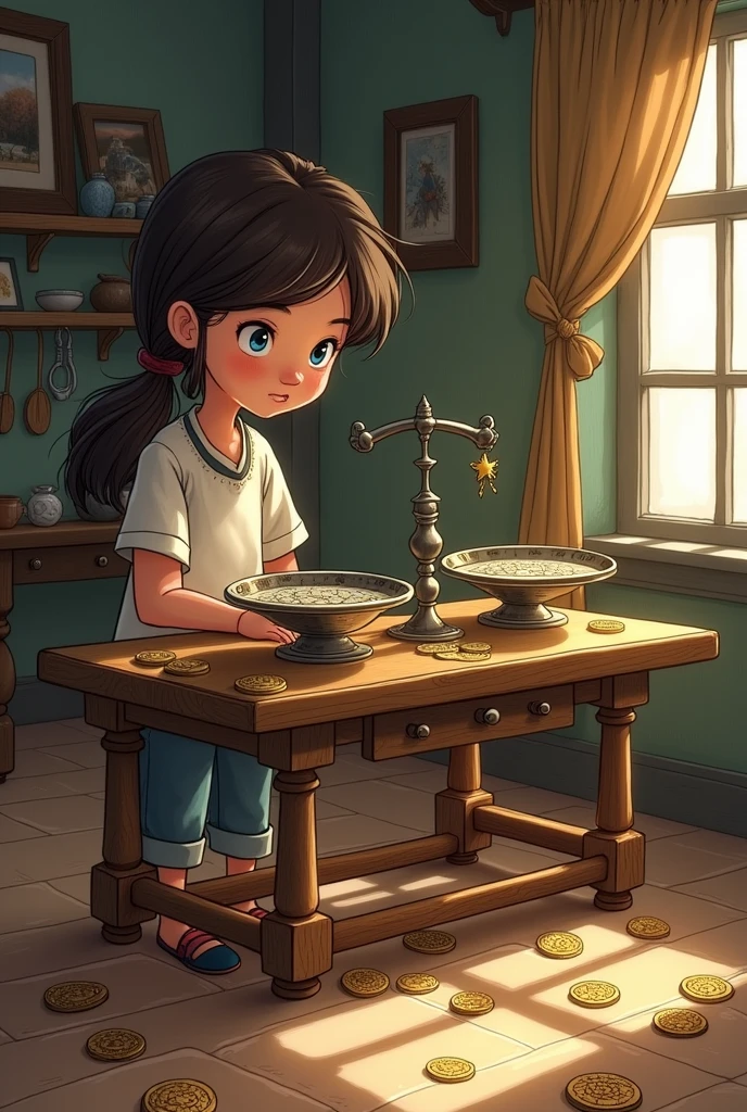 drawn in drawing form, a person stands in front of a small table on which there is a scale with two plates and twelve identical coins spread out