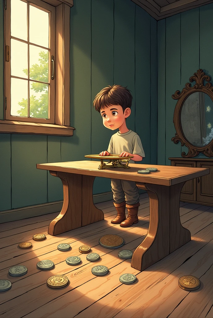 drawn in drawing form, a person stands in front of a small table on which there is a scale with two plates and twelve identical coins spread out