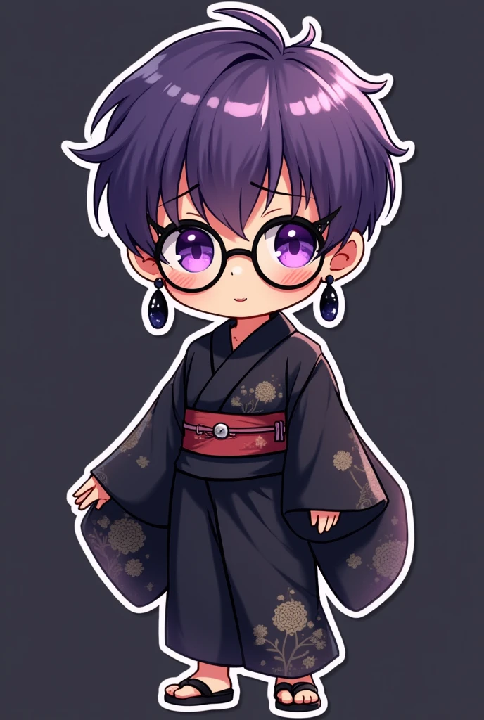 Cute Sticker Chibi boy short purple hair glasses black kimono straight hair dark background brown skin mature face purple eyes star eyes black earrings 