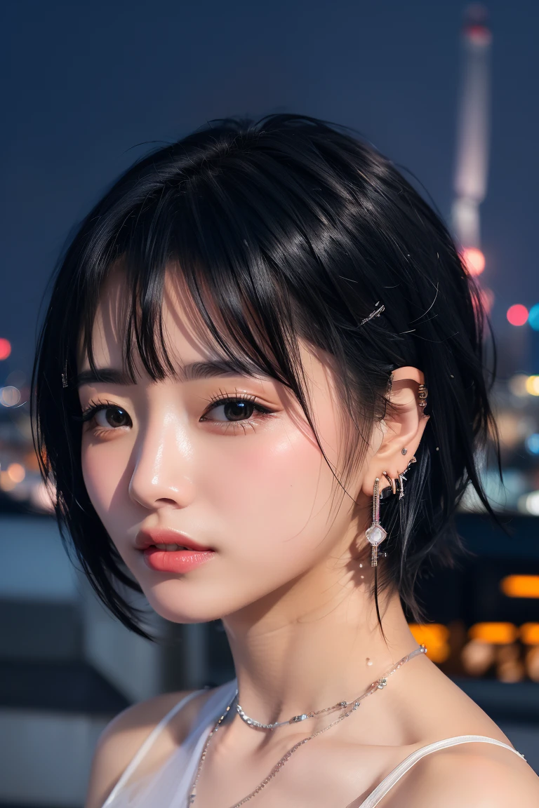 ((Rooftop of a building: 1,3)), ((Goth_punk, alone, Medium Shot, Walking the rooftops of Harajuku, ((night)), Blurry, Neon Light, Rainbow Eyes, Starry Sky, Shiny black hair, White eyebrows, Shiny Hair, (Rainbow black hair), Earring, good, jewelry, Blunt bangs, Busy eyes, Background Blurry, Blurry, hair ornaments, sight, short hair, Portraiture, Side Lock break ((Swedish girl, White skin, White)),((Women's work suits:1.3)), break (Gal: 1. 1),(Glamour: 1. 3),(night),(Supermodel: 1.3)),break ((earring, ring)), Cowboy Shot,((Tall people)),((Android)),((Look Up)),((Top Angle:1. 3)), From above, looking at the camera,((Event Companion)),((Thin see -through)) Tight-fitting underwear with straps))、Hip、Butt、bend、