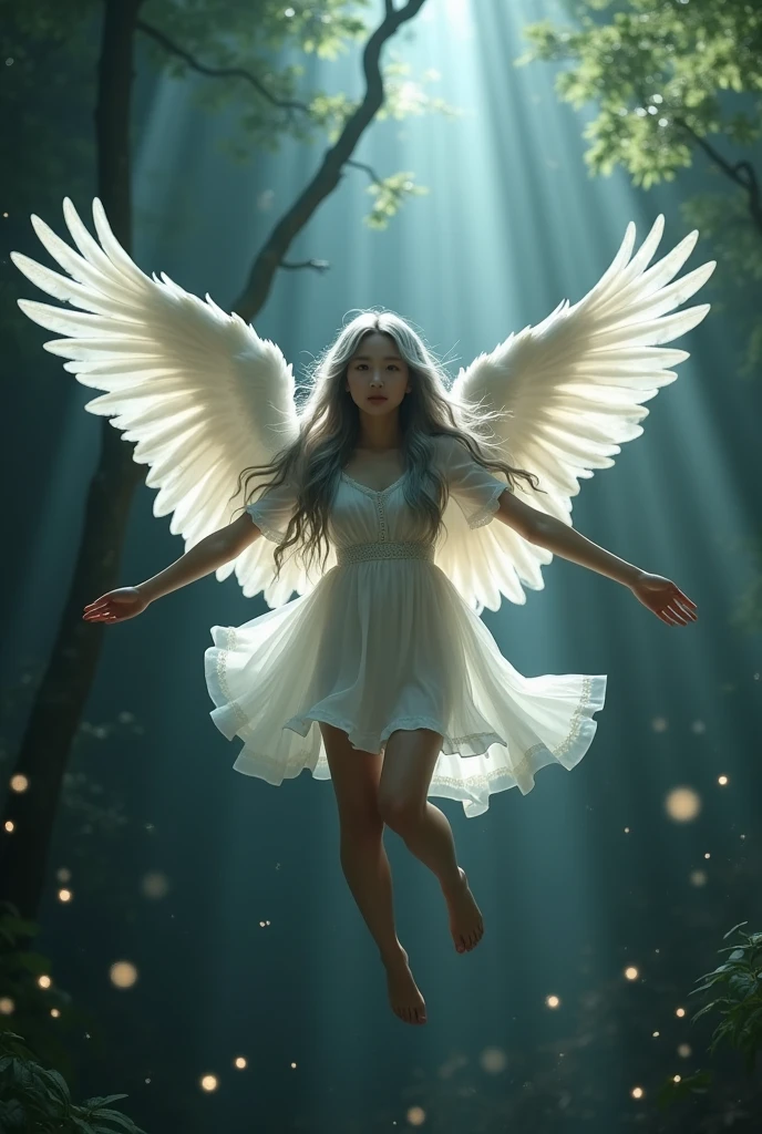 A hyper realistic, photo real, a beautiful korean girl, grey eyes, silver long wavy hair, messy windy hair, front view, flying in the air in the dark forest, wearing white mini nightgown, bare feet, transparent dress, low cut, open wide arms, she has big white angel wings on her back, detailed wings feather, blured background, some ray of light from the tree behind, backlighting, dramatic lighting, some fireflies shining surround it, dark forest