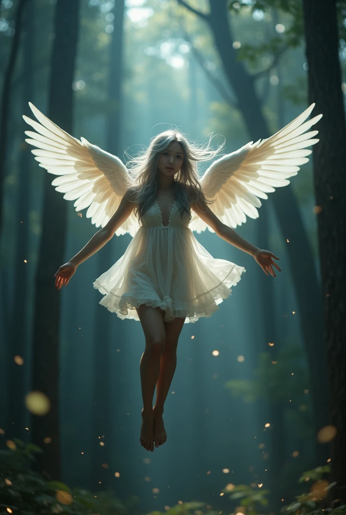 A hyper realistic, photo real, a beautiful korean girl, grey eyes, silver long wavy hair, messy windy hair, front view, flying in the air in the dark forest, wearing white mini nightgown, bare feet, transparent dress, low cut, open wide arms, she has big white angel wings on her back, detailed wings feather, blured background, some ray of light from the tree behind, backlighting, dramatic lighting, some fireflies shining surround it, dark forest