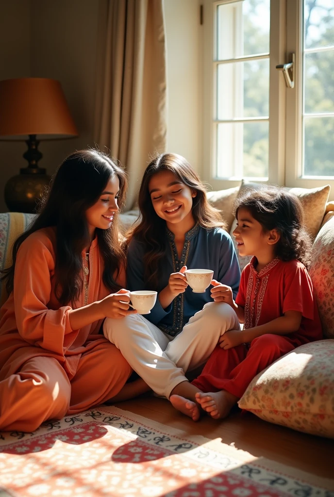 3 sisters are sitting on the floor, drinking tea, older one is 22 years old, young lady, tanned skin, Indian skin tone,wearing light orange colour designed shalwar kameej, middle one 20 years old, taller, young lady, tallest, white skin, slightly curly hair, long hair,wearing dark blue tunic and white loose trouser,a scarf, little one , young girl, small hair, boy cut hair,white skin,wearing red colour half pant and red colour top