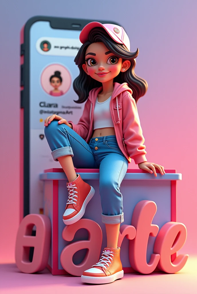- " Create a 3D illustration of an animated character sitting casually on top of a social media logo " instagramart". The character should wear modern casual clothes, Clara wears jeans, jaket, tennis.. The background of the image is a social media profile page with username "NN Graphic Design" and a profile picture that matches the animated character. "