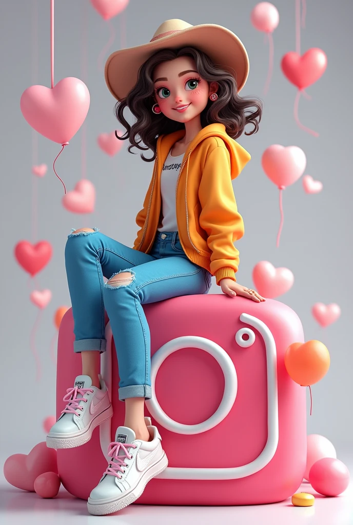 - " Create a 3D illustration of an animated character sitting casually on top of a social media logo " instagramart". The character should wear modern casual clothes, Clara wears jeans, jaket, tennis.. The background of the image is a social media profile page with username "NN Graphic Design" and a profile picture that matches the animated character. "