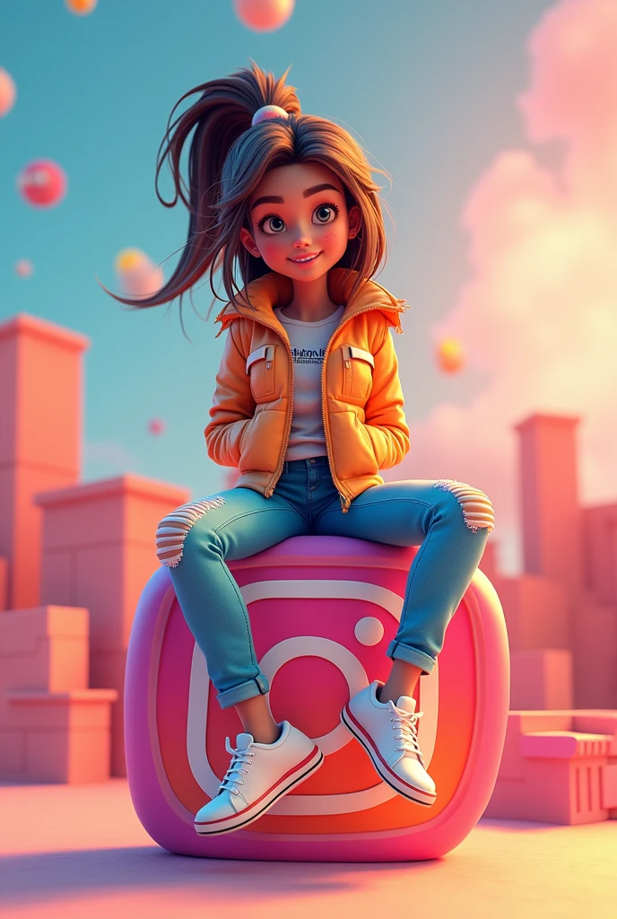 - " Create a 3D illustration of an animated character sitting casually on top of a social media logo " instagramart". The character should wear modern casual clothes, Clara wears jeans, jaket, tennis.. The background of the image is a social media profile page with username "NN Graphic Design" and a profile picture that matches the animated character. "