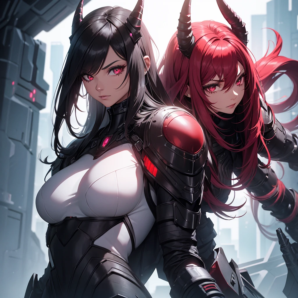 Create a female beast alien. She must have a black futuristic armor with red details, She must have the face of a 30 year old girl. She has to have futuristic horns.