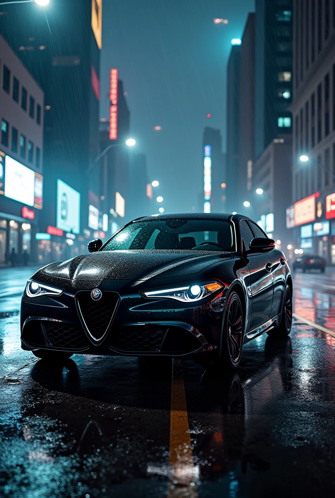 full black alfa romeo gulia night storm in city