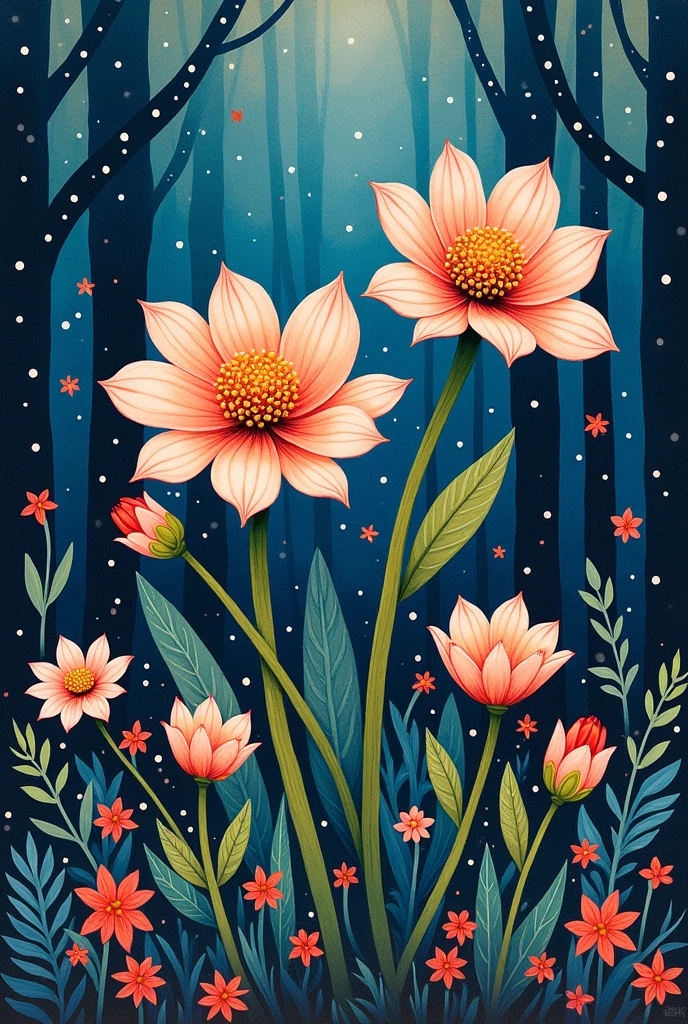 A painting of a group of flowers with a polka dot pattern, a detailed painting inspired by ferdinand knab, Recommended on Behance, Childish Art, Plants grow on it. Gouache, psychedelic Flowers and trees, Gouache on canvas, Trees and flowers, Forest and flowers blue, Flower growth, Bizarre forest, number, Flowers and trees, Folklore illustrations