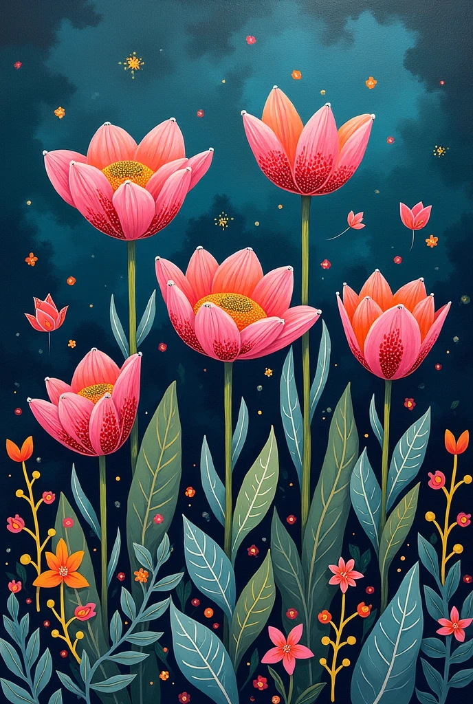 A painting of a group of flowers with a polka dot pattern, a detailed painting inspired by ferdinand knab, Recommended on Behance, Childish Art, Plants grow on it. Gouache, psychedelic Flowers and trees, Gouache on canvas, Trees and flowers, Forest and flowers blue, Flower growth, Bizarre forest, number, Flowers and trees, Folklore illustrations