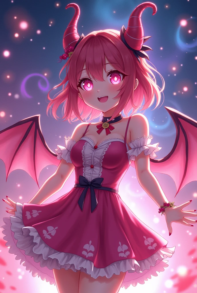 A succubus with busted horn and love icon oh her pupil eyes
She is smilling exited anime styke