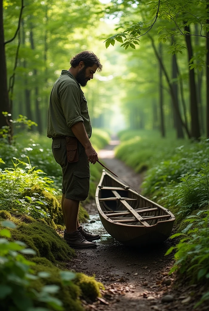The final image shows the man gently setting the raft down on the forest floor, leaving it behind as he continues his journey. The background features a serene forest path leading into the distance, illuminated by soft sunlight. The man walks away, unburdened, with a peaceful and resolved expression, symbolizing his newfound freedom and the wisdom of letting go.
