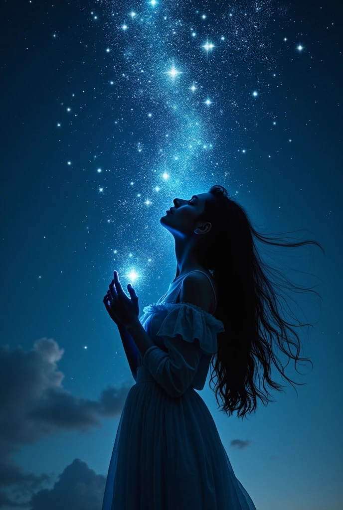 (RAW photo, realistic photo, high quality, masterpiece), Starry Sky, stars in the sky, stars form the outline of long hair woman, woman kiss stars