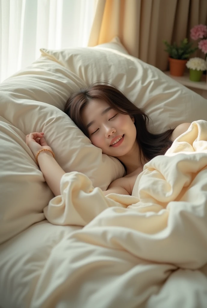 8k realistic image, very detailed, of an 18 year old korean girl sleeping in bed and she is naked so her genitals and very small breasts are visible, her face is in front view and she is smiling sweetly