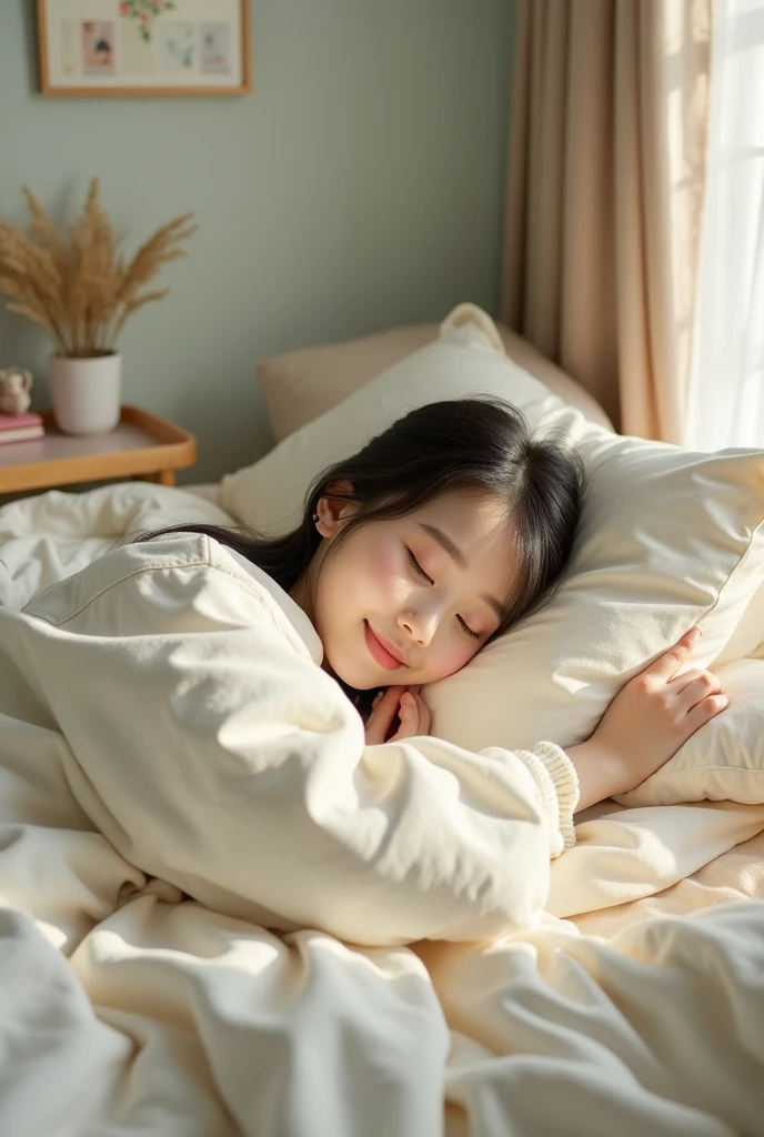 8k realistic image, very detailed, of an 18 year old korean girl sleeping in bed and she is naked so her genitals and very small breasts are visible, her face is in front view and she is smiling sweetly