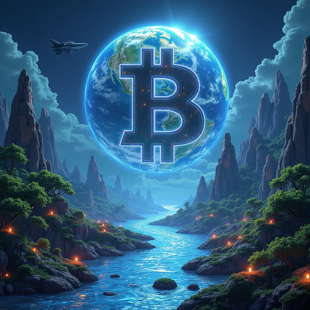 create an image of the futuristic planet with the bitcoin symbol