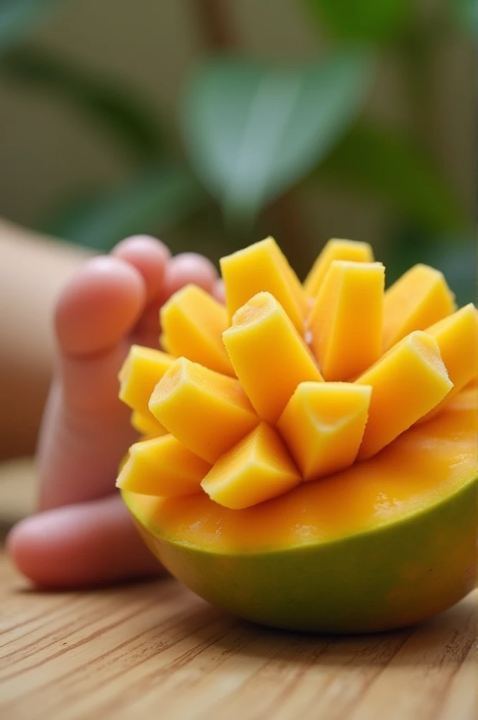 Photo of mango with foot and hand