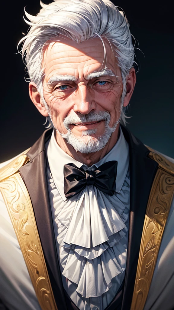 masterpiece, best quality, high resolution, closeup portrait, a male, white hair, Servant uniform, amazing composition, front view, HDR, ultra quality, elegant, highly detailed, old man, handsome grandpa, smile