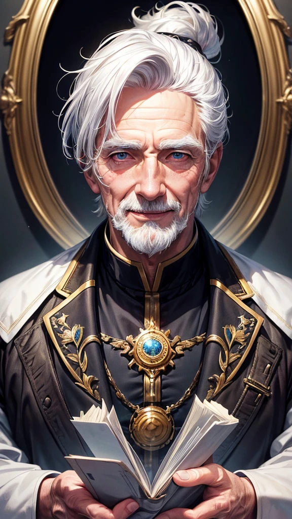 masterpiece, best quality, high resolution, closeup portrait, a male, white hair, Servant uniform, amazing composition, front view, HDR, ultra quality, elegant, highly detailed, old man, handsome grandpa, smile