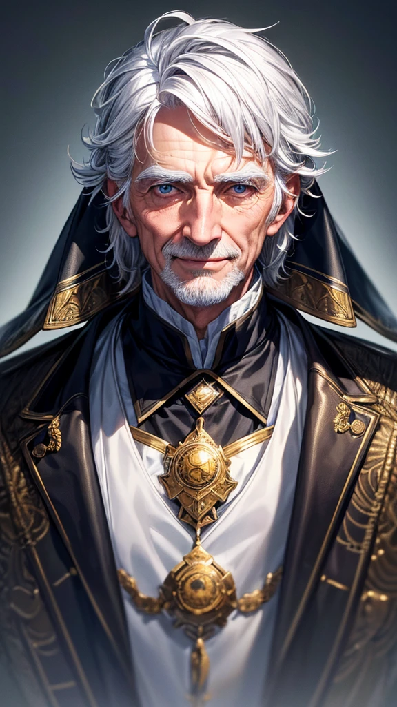masterpiece, best quality, high resolution, closeup portrait, a male, white hair, Servant uniform, amazing composition, front view, HDR, ultra quality, elegant, highly detailed, old man, handsome grandpa, smile