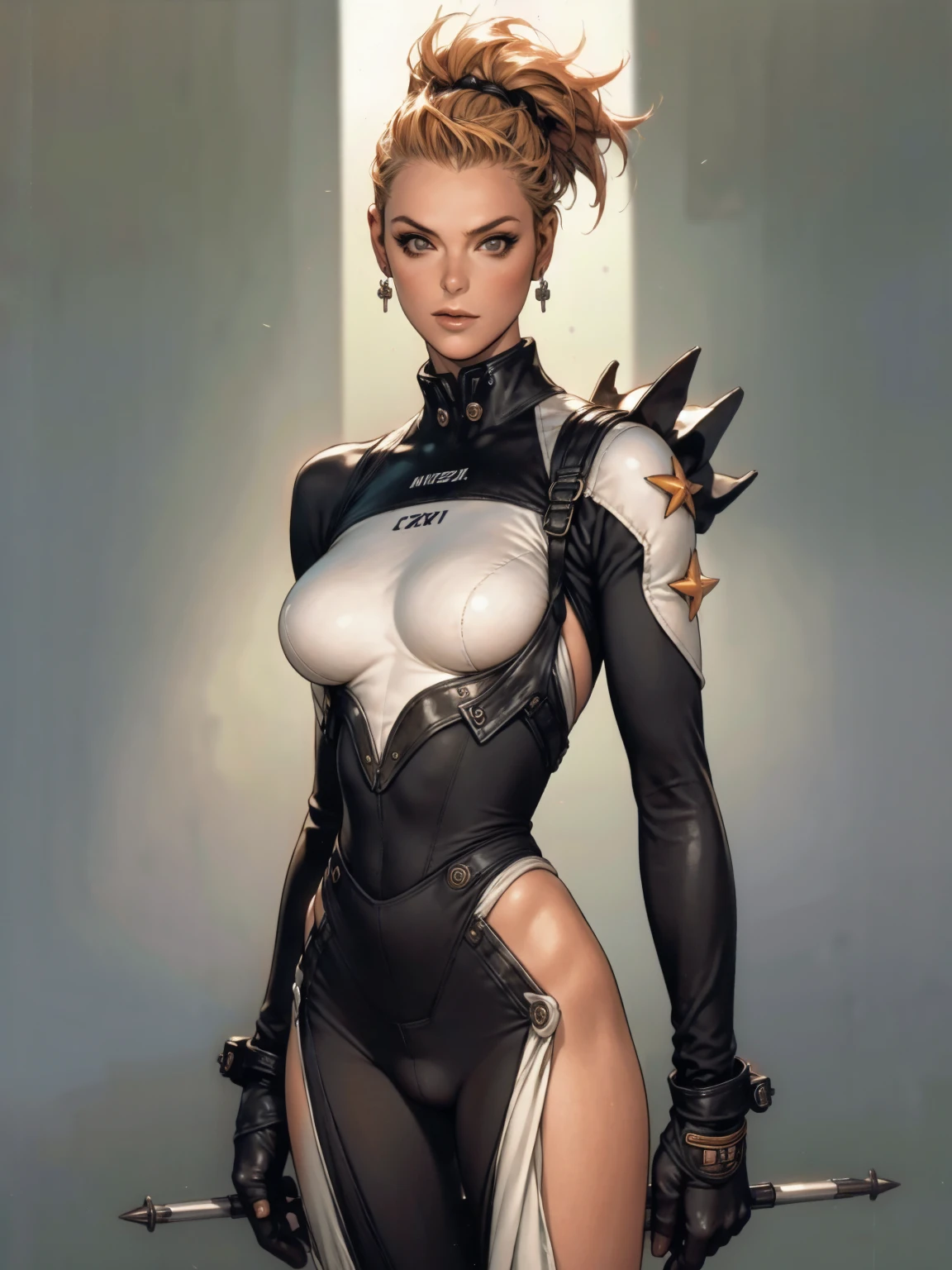 (((Brigitte Nielsen))), ((( carbon fiber suit ))), (((body	0% plumpness))), ((high collar)), (((Moss green))), (((best qualityer: 1.4))), (Unbeatable masterpiece), (hiper HD),(CG 8k hyper-realistic), (((brave face))), (((breasts big))), (((hyper feminine))), sexly girl, Dinosaur hunter,（orange bob hair)), ((( sculptural body ))), (((1 Kizi))), Kizi cibernética de 25 anos com perfectbody,,Beautiful and well-groomed face,muscular body:1.2,solid color detailed jacket, (Head to thigh photos)， Complex equipment, With white stars and red stripes, Kizi, (((standing alone))), pirralha violent, ((())), sexly, pose de atitude, work of art, post-apocalypse, (((manga style))), bounty hunter, violent, Manic, the way you want, slenderbody, thin but strong, perfectbody, roupa moderna, advanced technology, neon, sleeves with vertical striped pattern, neutral background, (( cowboy shot )). intricate visual