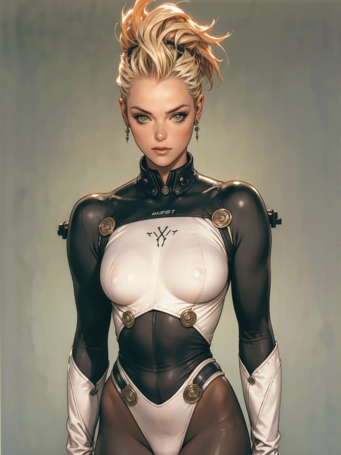 (((Brigitte Nielsen))), ((( carbon fiber suit ))), (((body	0% plumpness))), ((high collar)), (((Moss green))), (((best qualityer: 1.4))), (Unbeatable masterpiece), (hiper HD),(CG 8k hyper-realistic), (((brave face))), (((breasts big))), (((hyper feminine))), sexly girl, Dinosaur hunter,（orange bob hair)), ((( sculptural body ))), (((1 Kizi))), Kizi cibernética de 25 anos com perfectbody,,Beautiful and well-groomed face,muscular body:1.2,solid color detailed jacket, (Head to thigh photos)， Complex equipment, With white stars and red stripes, Kizi, (((standing alone))), pirralha violent, ((())), sexly, pose de atitude, work of art, post-apocalypse, (((manga style))), bounty hunter, violent, Manic, the way you want, slenderbody, thin but strong, perfectbody, roupa moderna, advanced technology, neon, sleeves with vertical striped pattern, neutral background, (( cowboy shot )). intricate visual