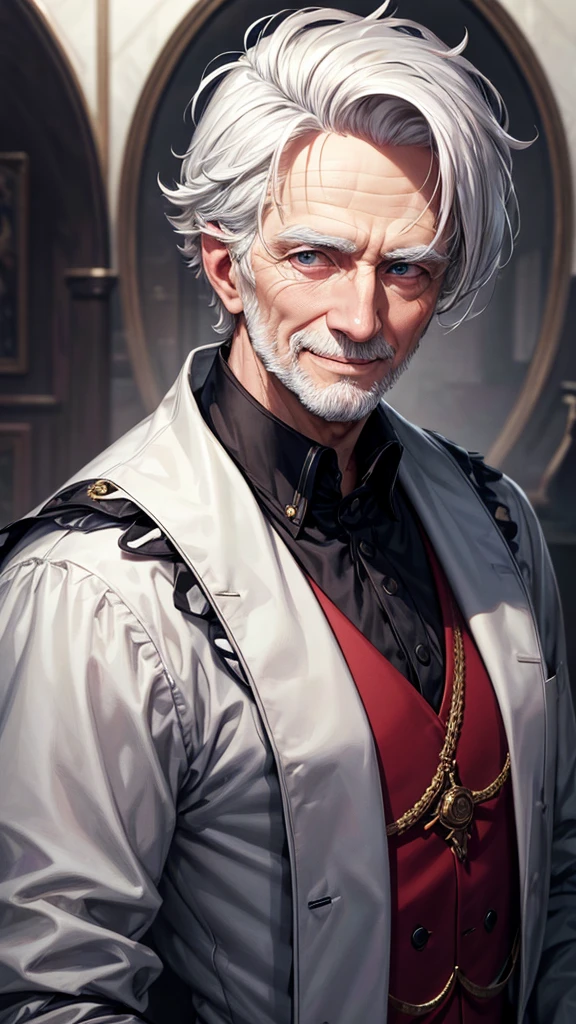 masterpiece, best quality, high resolution, closeup portrait, a male, white hair, Servant uniform, amazing composition, front view, HDR, ultra quality, elegant, highly detailed, old man, handsome grandpa, smile