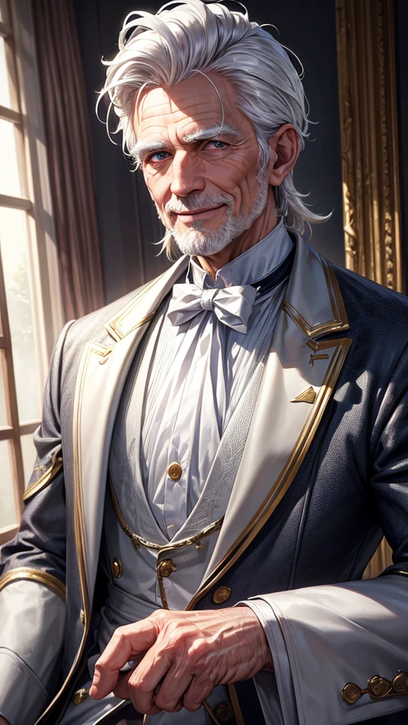 masterpiece, best quality, high resolution, closeup portrait, a male, white hair, Servant uniform, amazing composition, front view, HDR, ultra quality, elegant, highly detailed, old man, handsome grandpa, smile