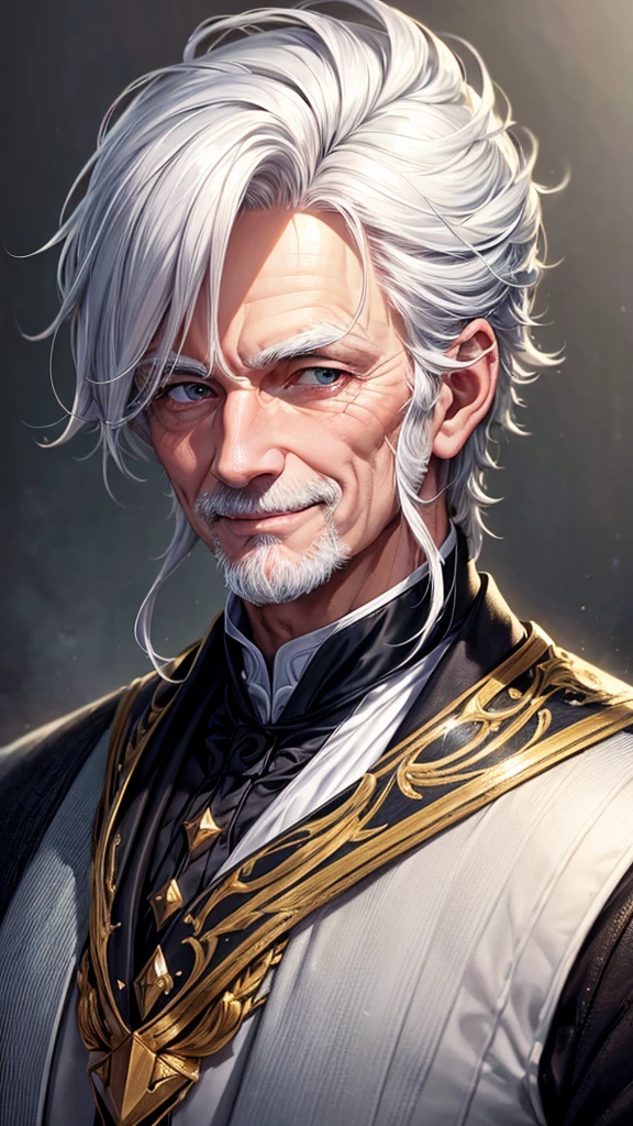 masterpiece, best quality, high resolution, closeup portrait, a male, white hair, Servant uniform, amazing composition, front view, HDR, ultra quality, elegant, highly detailed, old man, handsome grandpa, smile